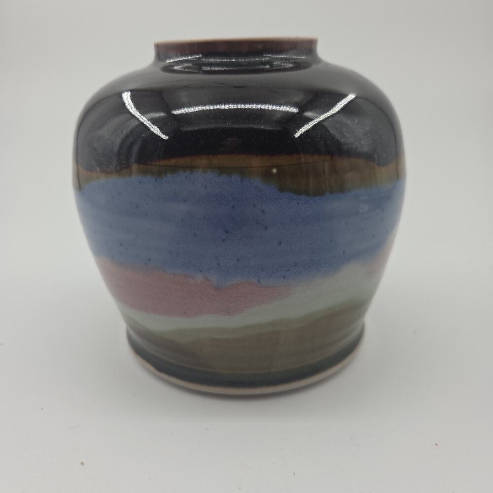 Signed‎ Studio Pottery Vase Drip Glaze Blue Brown Mauve Modern Art Pottery 5.5"